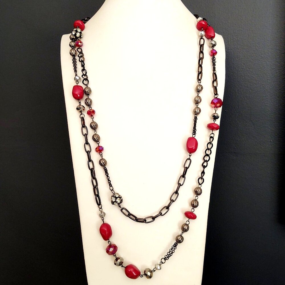 2 strand red and silver beaded long necklace